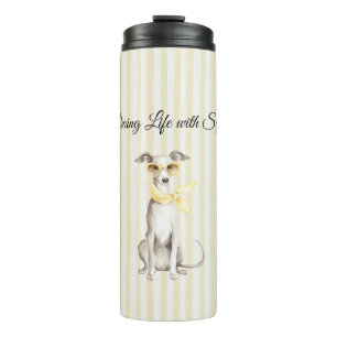 Garrafa Térmica Cachecol Amarelo Suave Cachorro Branco