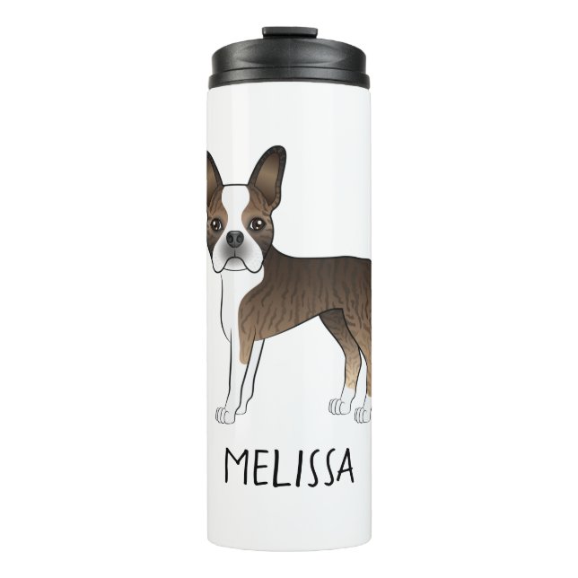 Garrafa Térmica Cachorro Cartoon Boston Terrier Listrado & Nome Pe (Frente)