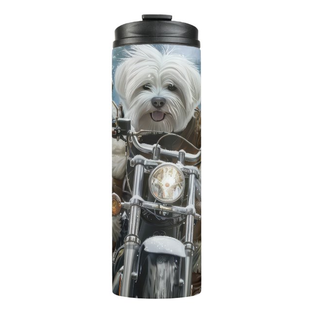 Garrafa Térmica Cachorro Coton De Tulear Pilotando Motocicleta Nat (Frente)