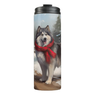 Garrafa Térmica Cachorro Malamute do Alasca na Neve Natal