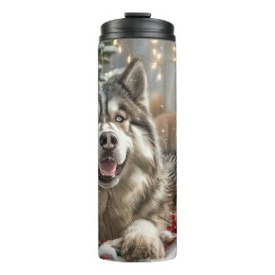 Garrafa Térmica Cachorro Malamute do Alasca Natal Festivo