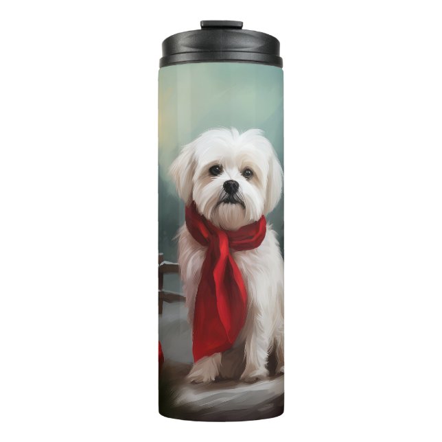 Garrafa Térmica Cachorro Maltês na Neve Natal  (Frente)