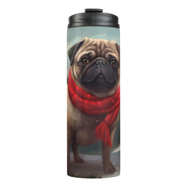 Garrafa Térmica Cachorro Pug na Neve Natal (Frente)
