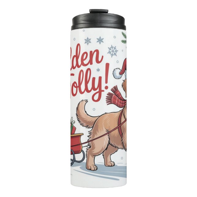 Garrafa Térmica Cachorro Retriever Dourado Natal Dourado e Alegre  (Frente)