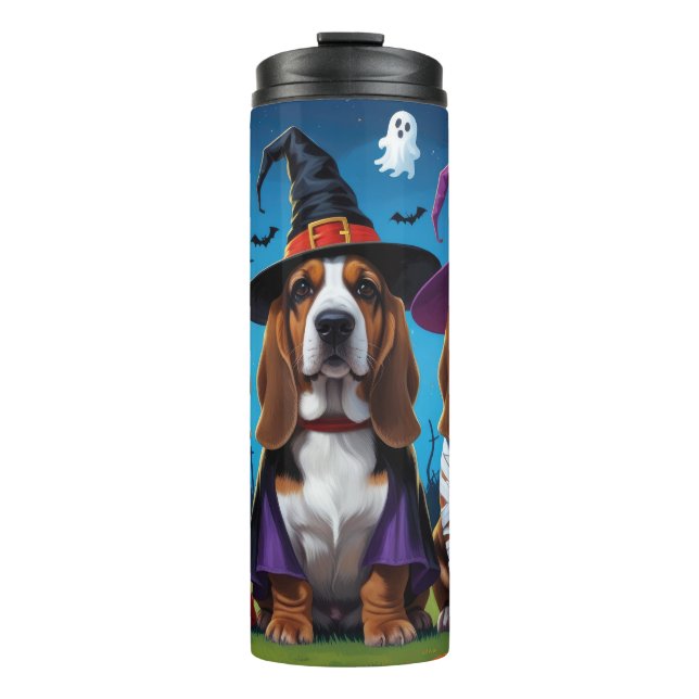 Garrafa Térmica Cachorros de Basset Pumpkin Halloween Engraçado (Frente)