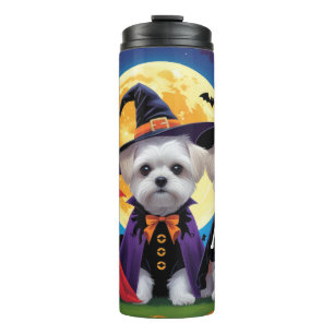 Garrafa Térmica Cachorros Malteses Pumpkin Halloween Engraçado