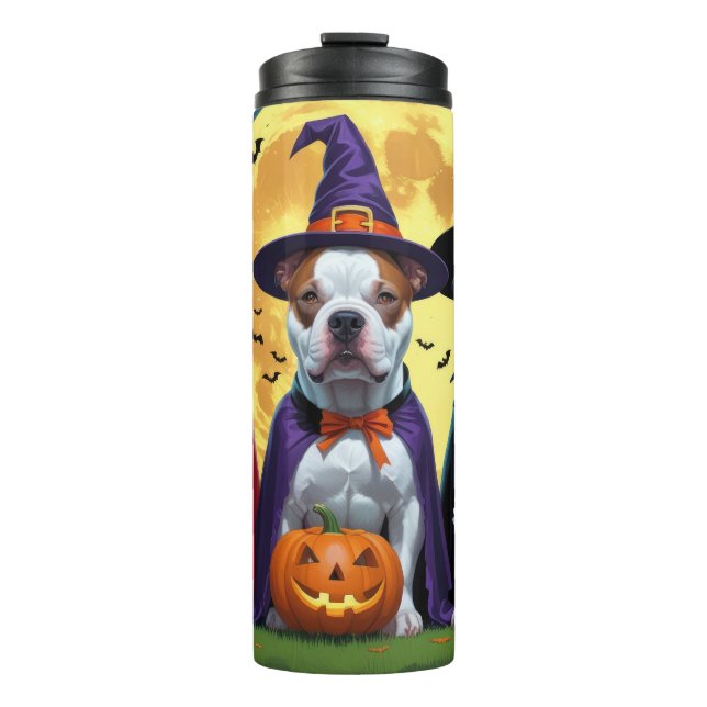 Garrafa Térmica Cães Pitbull Abóbora Halloween Engraçado (Frente)
