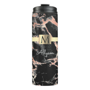 Garrafa Térmica Caixa Dourada com Mármore Preto e Dourado Rosa, No
