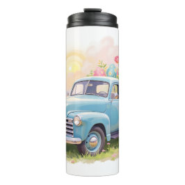 Garrafa Térmica Caminhão Azul Antigo com Ovos de Páscoa & Tulipas