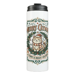 Garrafa Térmica Camisa de Arte Vetorial Vintage de Natal de Gato F