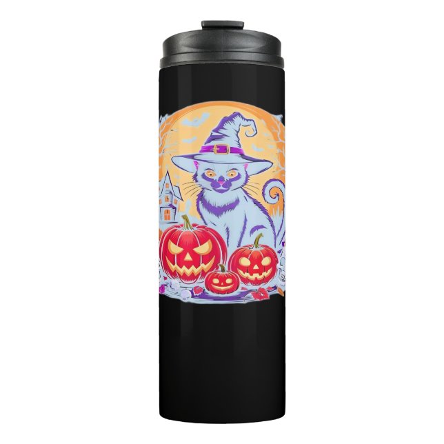 Garrafa Térmica Camiseta Clássica Ghost Pumpkin Gato do Halloween (Frente)