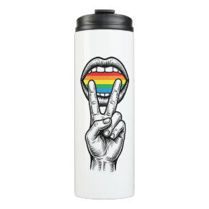 Garrafa Térmica Camiseta Vetor Orgulho Mão Paz Arco-Íris Vintage_1