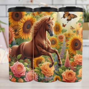Garrafa Térmica Campo de Girassóis e Rosas Cavalo Dourado