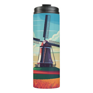 Garrafa Térmica Campo de Tulipas com Moinho de Vento Holanda Ilust