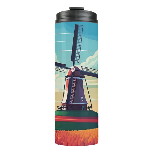 Garrafa Térmica Campo de Tulipas com Moinho de Vento Holanda Ilust (Frente)