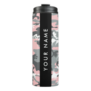 Garrafa Térmica Camuflagem rosa e Cinza Seu nome Personaliza