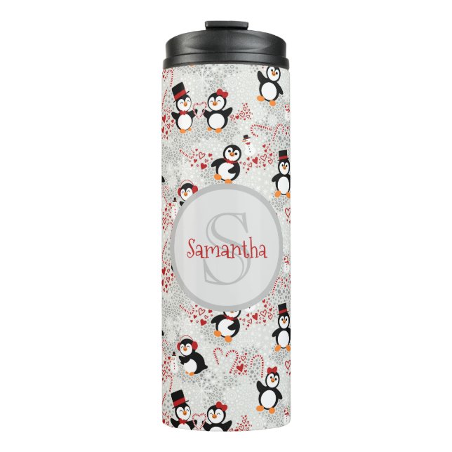 Garrafa Térmica Candy Cane Pinguins de Natal Nome Personalizado (Frente)