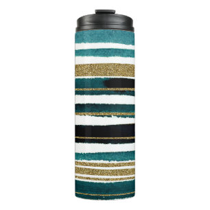 Garrafa Térmica Caneca com listras de glitter verde e dourado