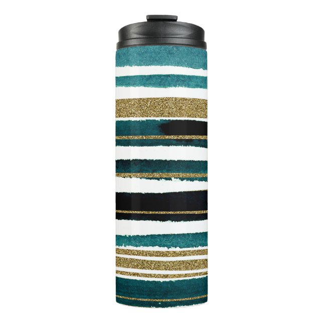 Garrafa Térmica Caneca com listras de glitter verde e dourado (Frente)