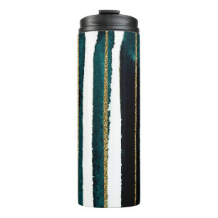Garrafa Térmica Caneca com listras de purpurina verde e dourada