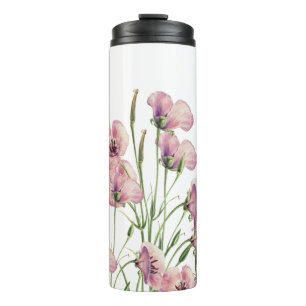 Garrafa Térmica Caneca de Flores de Papoula em Aquarela Simples &
