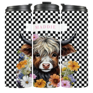 Garrafa Térmica Caneca de Tumbler Xadrez Floral Vaca Highland Rúst