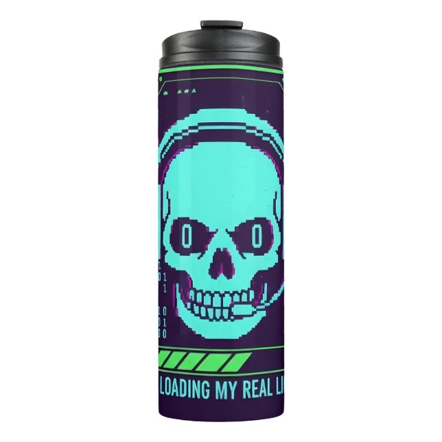 Garrafa Térmica Caneca de Viagem Crânio Pixel Cyberpunk - Carregan (Frente)