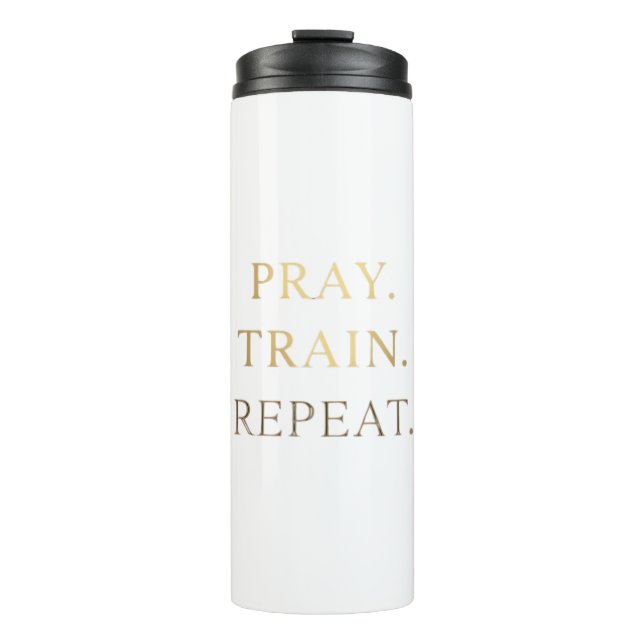 Garrafa Térmica Caneca Pray Train Repeat – Motivação Cristã para F (Frente)