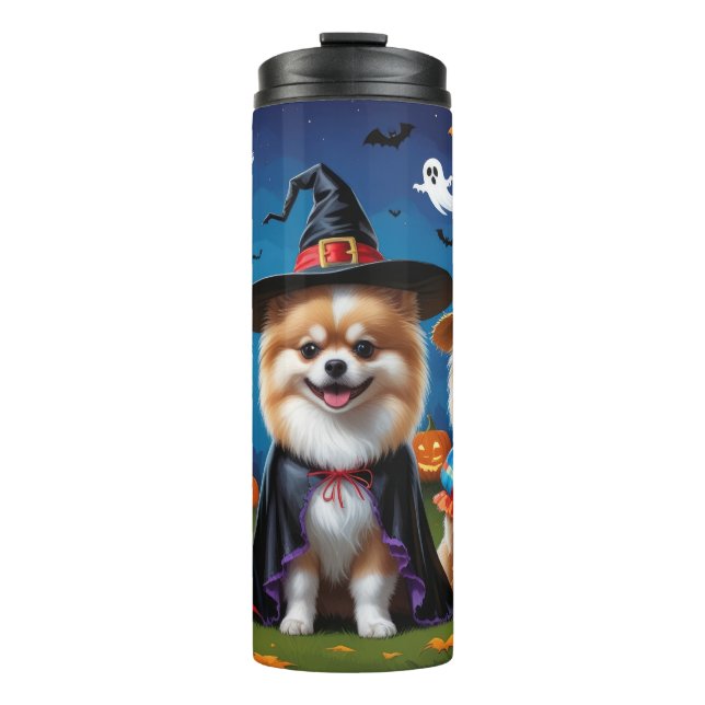 Garrafa Térmica Caninos Pomeranianos Pumpkin Halloween Engraçado (Frente)