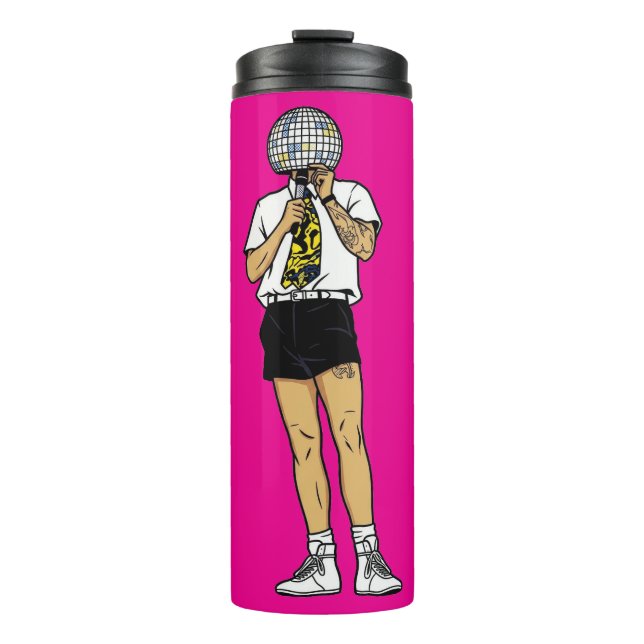 Garrafa Térmica Cantor Retro Cômico Cabeça de Bola de Discoteca Fa (Frente)