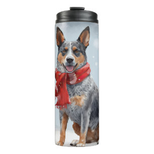 Garrafa Térmica Cão Bovino Australiano na Neve de Natal