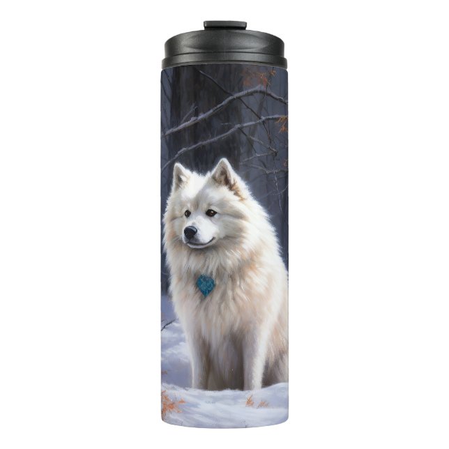 Garrafa Térmica Cão Esquimó Americano Natal Neve Caindo (Frente)