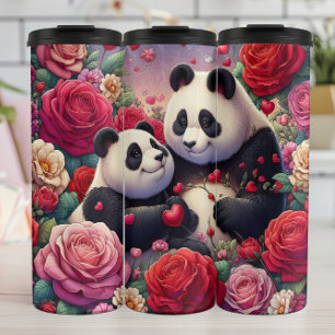 Garrafa Térmica Casal de Ursos Panda no Jardim de Rosas Wrap