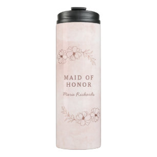 Garrafa Térmica Casamento com Bordas Florais em Rosa e Dourado Ros