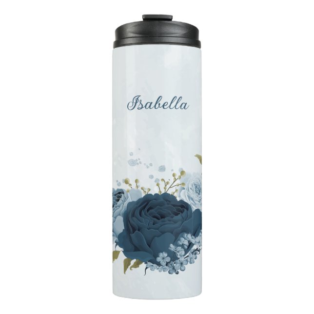 Garrafa Térmica casamento de flores azuis navy claras (Frente)