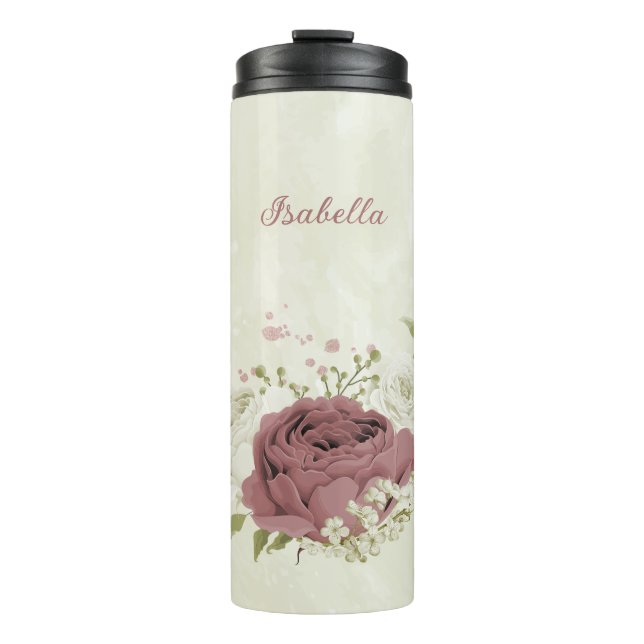 Garrafa Térmica casamento de flores brancas rosa empoeirado (Frente)