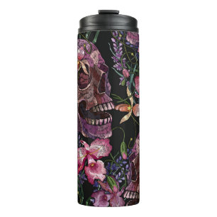 Garrafa Térmica Casca humana bordados e flores cor-de-rosa-orquíde