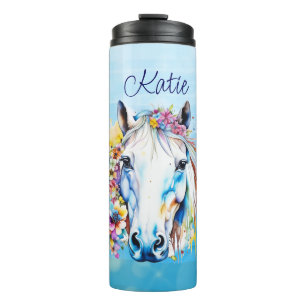 Garrafa Térmica Cavalo Branco Bonito Floral Personalizado 
