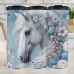 Garrafa Térmica Cavalo Branco Elegância Floral Azul