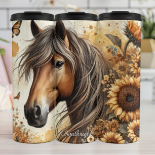 Garrafa Térmica Cavalo Marrom Girassol Borboleta Serenidade