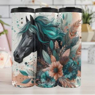 Garrafa Térmica Cavalo Negro com Flores de Mão Teal