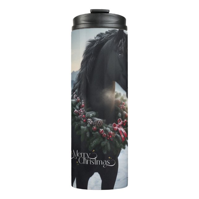 Garrafa Térmica Cavalo negro na neve com coroa de Natal (Frente)