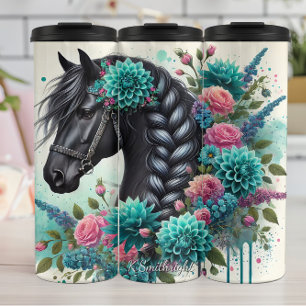 Garrafa Térmica Cavalo Preto Floral com Crina Trançada