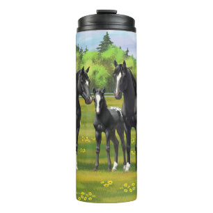Garrafa Térmica Cavalos Pretos De Appaloosa Em Pasto De Verão