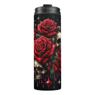Garrafa Térmica Caveiras Douradas & Rosas Vermelhas Brilho Glamour
