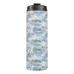 Garrafa Térmica CENA COSTEIRA EM Aquarela AZUL E BRANCA & BARCO À