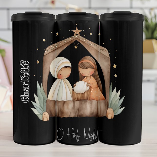 Garrafa Térmica Cena de Natividade de Aquarela O Noite Santa (Criador carregado)