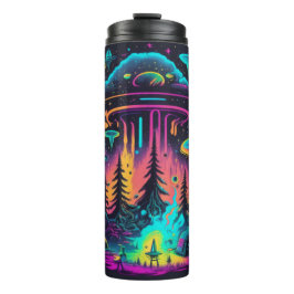 Garrafa Térmica Cena de OVNI Neon e Alien Arte Psicodélica