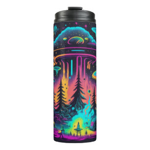 Garrafa Térmica Cena de OVNI Neon e Alien Arte Psicodélica
