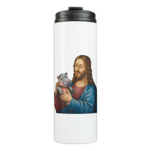 Garrafa Térmica Cena divina e lúdica Jesus com Moo Deng Hippo